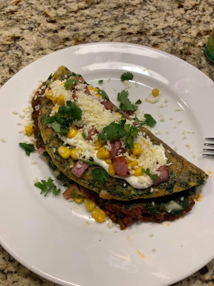 Spinach Omelet with Chorizo and Mexican Corn